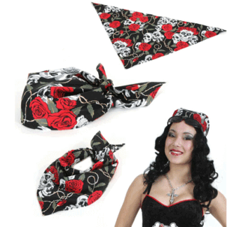 Verkleed Bandana met rozen en doodshoofd