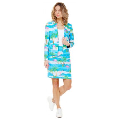 Blauw dames kostuum met flamingo