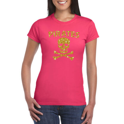 Piraten shirt / foute party verkleed kostuum / outfit goud glitter roze dames