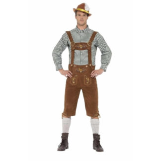 Bruine/groene Tiroler lederhosen kostuum met blouse voor heren