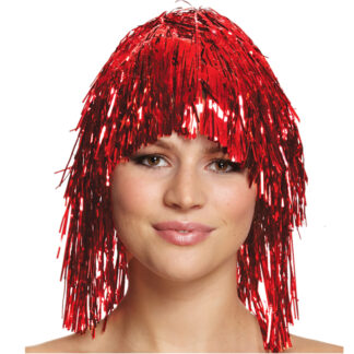 Dames tinsel/folie carnaval pruik - rood kleur - disco/eighties